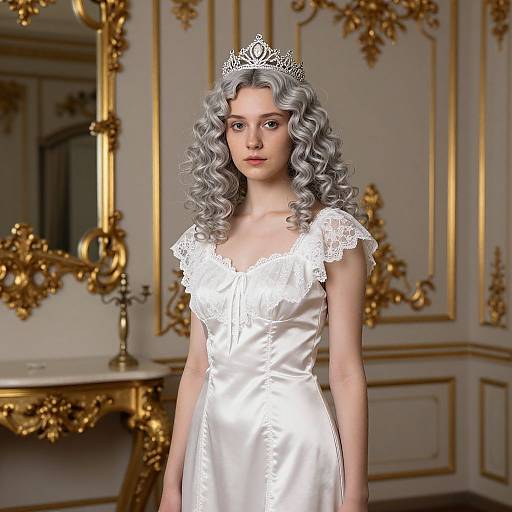 Photograph of a young woman with silver curly hair, wearing a silver tiara and a white satin lace dress, standing in an ornate, gold