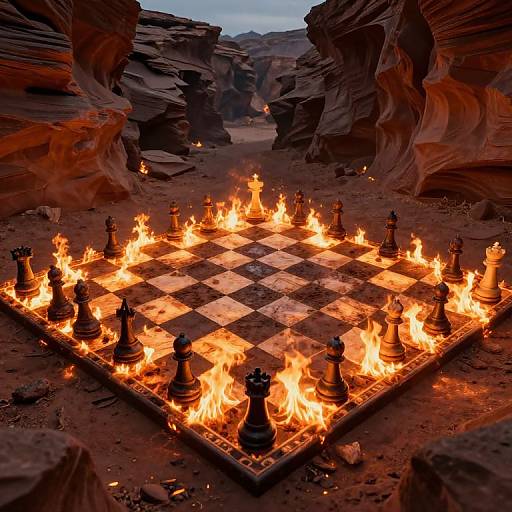 Photograph of a chessboard engulfed in flames, with black and white chess pieces standing amidst fiery orange and red hues, set in a dramatic,