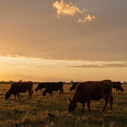 Sunset Grazing Cows in Field