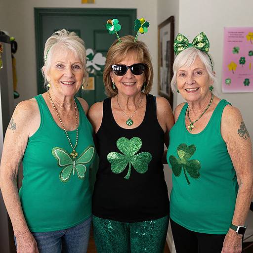 Photograph of three elderly women in green St. Patrick's Day shirts with shamrocks, wearing green headbands and accessories, smiling indoors.