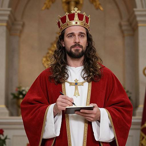 Photograph of a long-haired bearded man in a red and gold royal robe, holding a book, wearing a red crown, standing in an orn