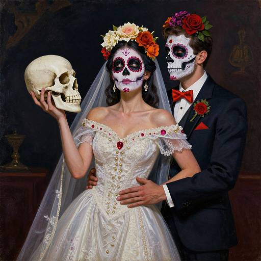 Photograph of a wedding couple with sugar skull face paint, the bride holding a skull, dressed in white lace gown and veil, the groom in black