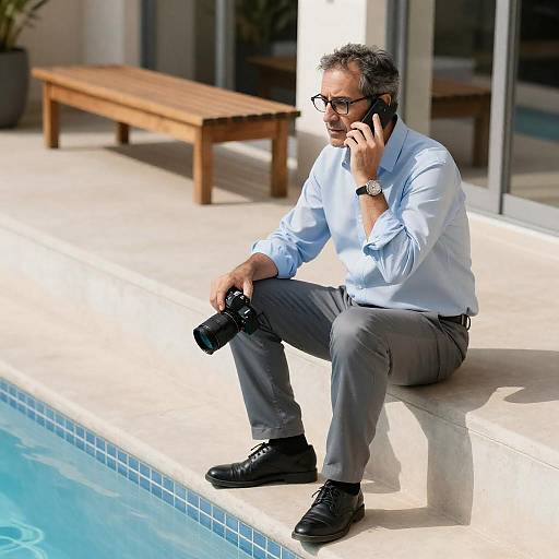 Middle-aged Man Sitting by Pool with Camera and Phone