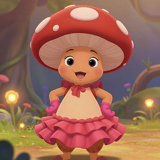 Cartoon mushroom girl with large red cap, pink ruffled skirt, and pink gloves, smiling in a colorful forest with glowing lights.
