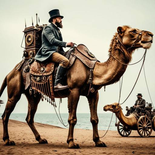 Steampunk Man Riding Camel with Lion Harness