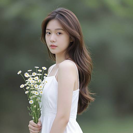 Photograph of an Asian woman with long brown hair, wearing a white sleeveless dress, holding daisies, against a blurred green background.