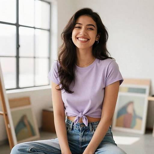 Joyful Woman in Lavender Cropped Top