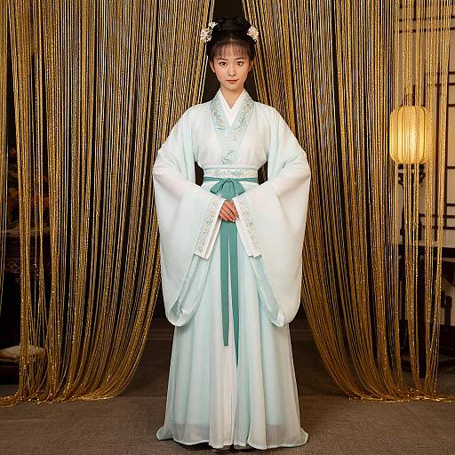 Photograph of an Asian woman in traditional white hanbok with teal ribbon, standing before golden bead curtain, illuminated by warm lamp.