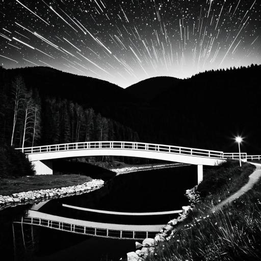 Monochrome Bridge Over River at Night with Star Trails