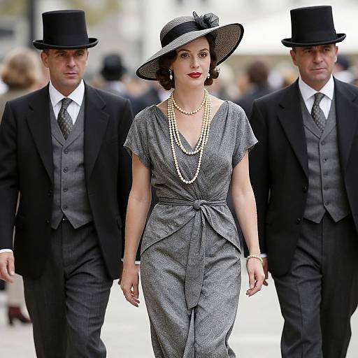 Photograph of a red-lipped woman in a gray, wrapped dress and pearl necklace, flanked by two men in black suits and top hats.