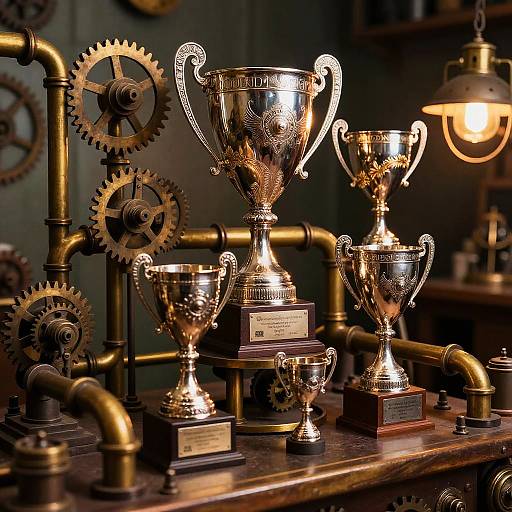 Photograph of ornate silver trophies with intricate designs, displayed on a wooden shelf amidst vintage brass gears and pipes, illuminated by a warm, industrial-style
