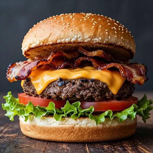 Photograph of a juicy beef burger with melted cheese, crispy bacon, lettuce, tomato, and sesame seed bun, on a wooden surface.