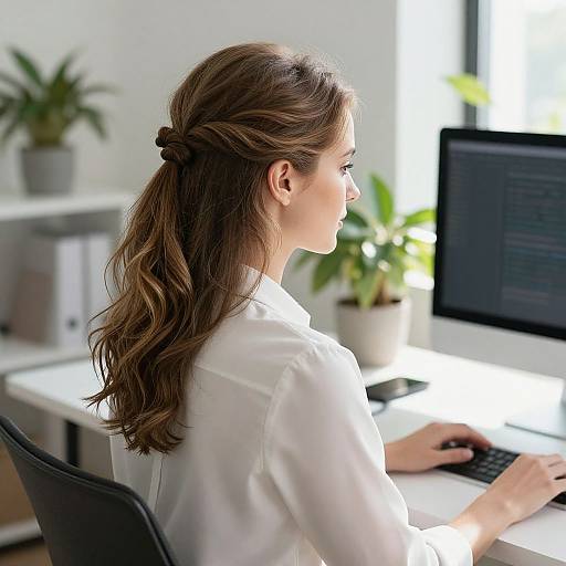 Photograph of a focused, light-skinned woman with brown hair in a low bun, wearing a white blouse, typing on a computer in a bright