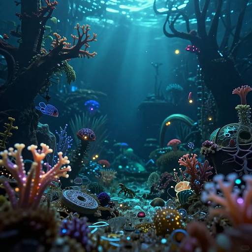 Photograph of a vibrant underwater coral reef with glowing jellyfish, colorful corals, and sunlight filtering through the water, creating a magical, blue-l