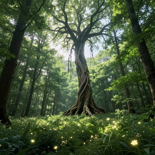 Photograph of a towering, twisted tree in a dense, sunlit forest, with glowing fireflies illuminating the lush green underbrush.