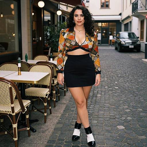 Photograph of a curvy woman with long curly black hair, wearing a patterned crop top, black mini skirt, and black-and-white socks,