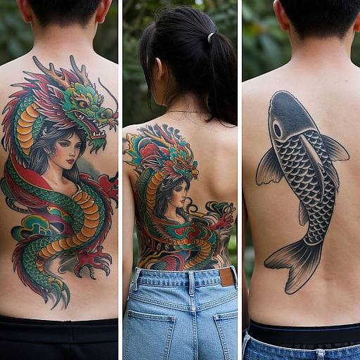 Photograph of a tattooed Asian woman with dark hair, showcasing colorful dragon and koi fish tattoos on her back, wearing blue jeans. Three-angle