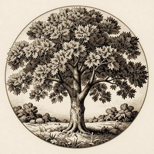 Black-and-white vintage engraving of a large, leafy tree with a thick trunk, surrounded by a circular frame and distant bushes.