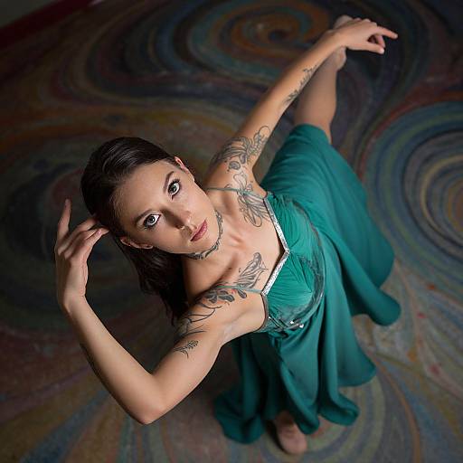 Photograph of a tattooed woman in a teal dress, dancing with arms raised, standing on a swirling, multicolored floor.