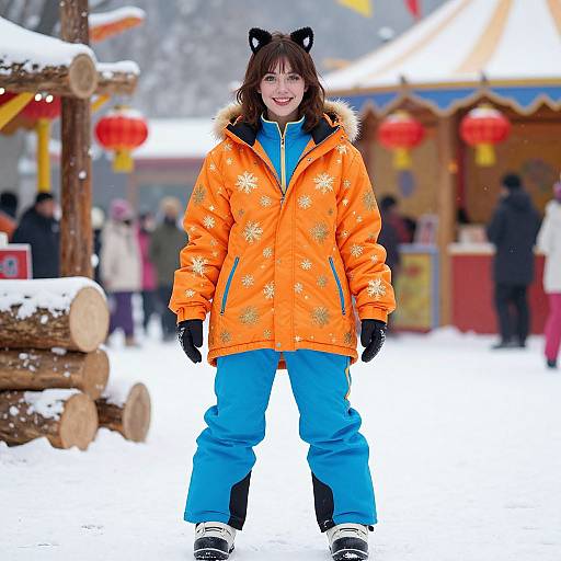 Photograph of a smiling young woman with black cat ears, wearing an orange snowflake-patterned jacket, blue snow pants, and black gloves, standing