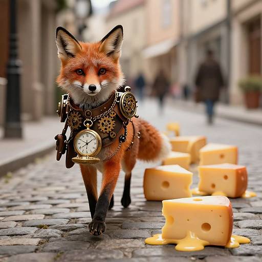 Photograph of a fox wearing steampunk accessories, walking on a cobblestone street with melted Swiss cheese scattered in the foreground.