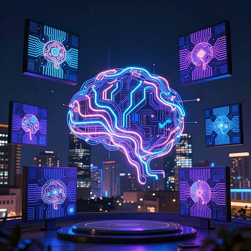 Neon-lit digital art installation of a glowing brain with circuitry patterns, surrounded by smaller screens with similar designs, against a cityscape backdrop at