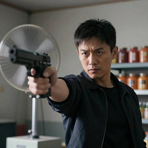 Asian Man Pointing Gun Indoors