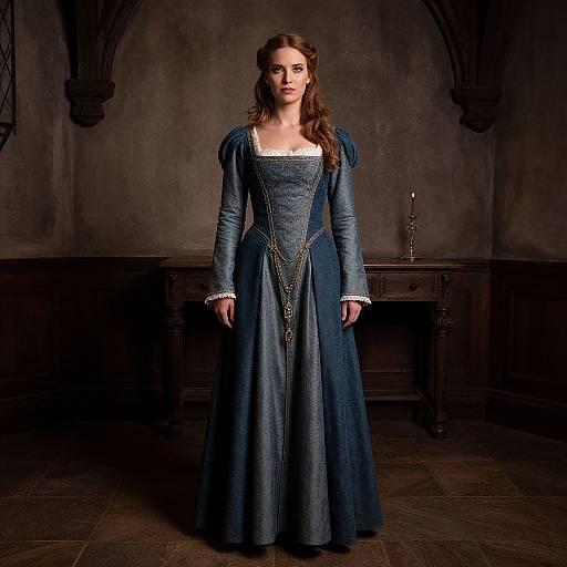 Photograph of a brunette woman in a medieval-style, long-sleeved, blue velvet gown with white trim, standing in a dimly lit,