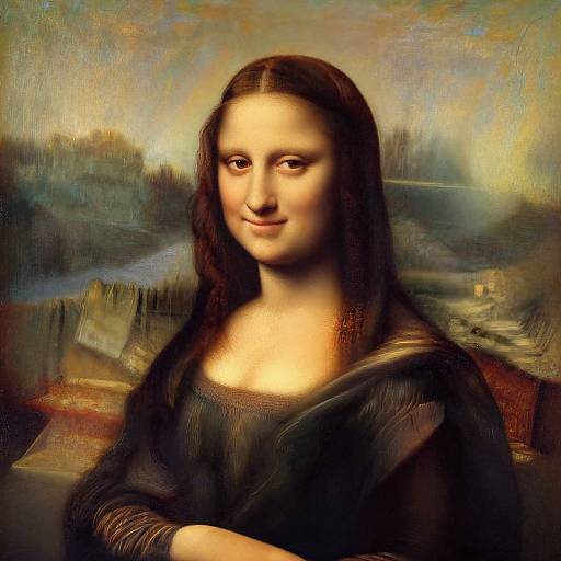 Digital mashup of Leonardo da Vinci's Mona Lisa with a modern woman, featuring the iconic enigmatic smile and Renaissance-style background.