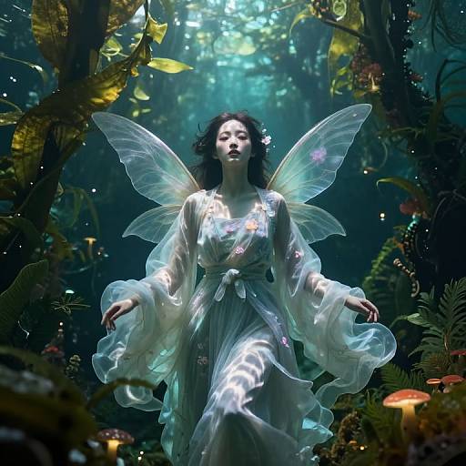 Photograph-style digital art of a fair-skinned, dark-haired fairy with translucent wings, wearing a flowing, ethereal white dress, floating in a