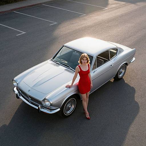 Photograph of a blonde woman in a red dress and heels, standing beside a silver vintage car on a sunlit parking lot.