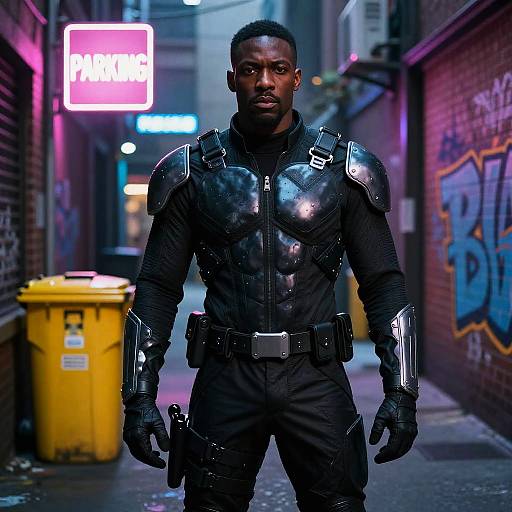 Photograph of a muscular Black man in black, glossy tactical armor standing in a neon-lit, graffiti-covered alley with a yellow trash can and 