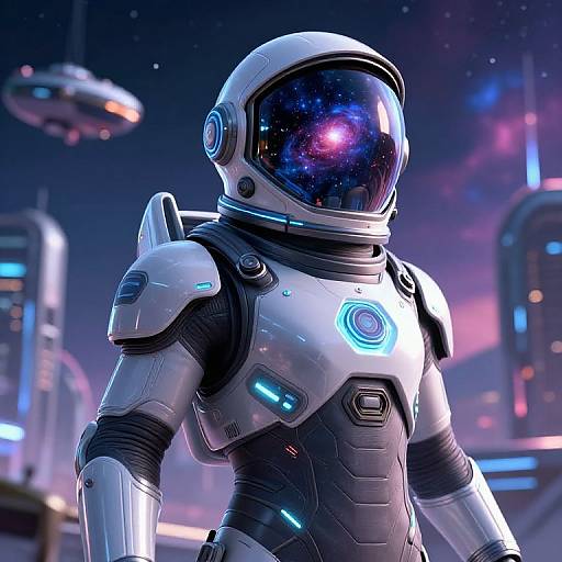 Digital artwork of a futuristic astronaut with a glowing visor, white and black armor, blue lights, and a starry night space background. Spacecraft