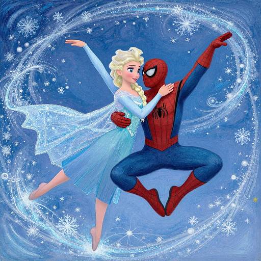 Digital illustration of Elsa and Spider-Man in a magical, snowflake-filled blue swirl, Elsa in her ice-blue gown, Spider-Man in red and blue