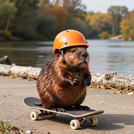 Beaver on Skateboard with Helmet