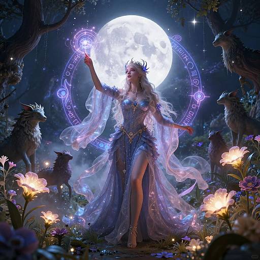 Digital fantasy artwork: Enchanted sorceress in glowing blue dress, crowned, raises hand under full moon, surrounded by wolves, floating flowers,