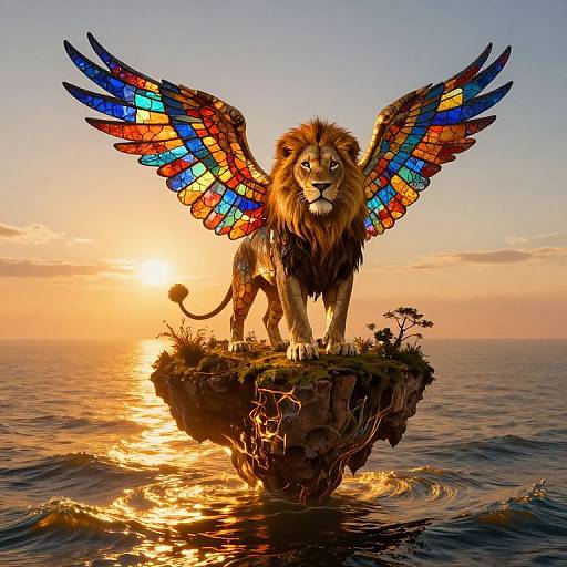 Digital artwork of a majestic lion with vibrant, stained-glass wings standing on a floating island at sunset, ocean reflecting golden light.