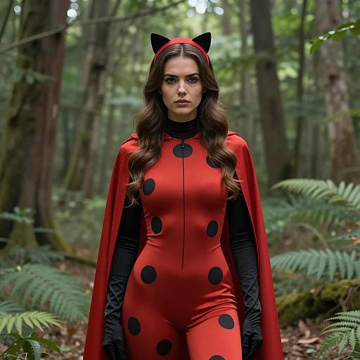 Woman in Ladybug Superhero Costume in Forest