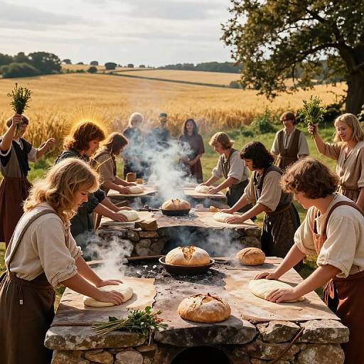 Photograph of a rustic outdoor bread-making scene: nine people, wearing period clothing, knead dough around a stone table with steaming bread, set