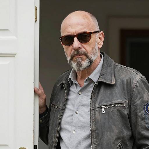 Serious Middle-Aged Man in Leather Jacket