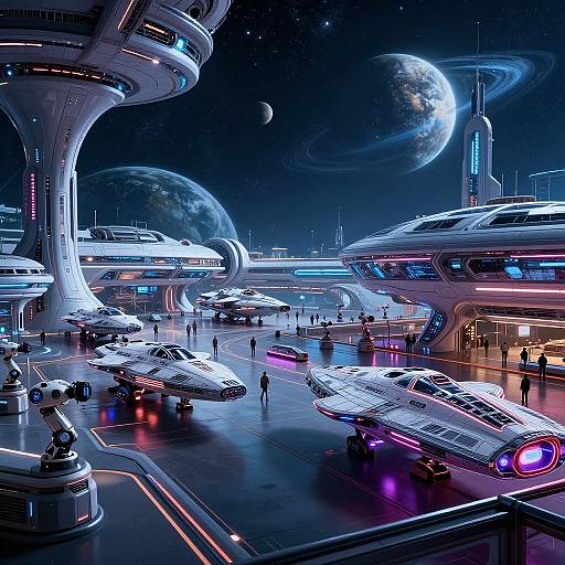 Digital sci-fi artwork: Space station with futuristic ships, aliens, and planets; glowing neon lights, sleek white and blue spacecraft, and bustling spaceport