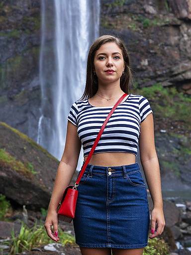 Photograph of a young woman with straight brown hair, wearing a striped black and white crop top, high-waisted blue denim skirt, and red