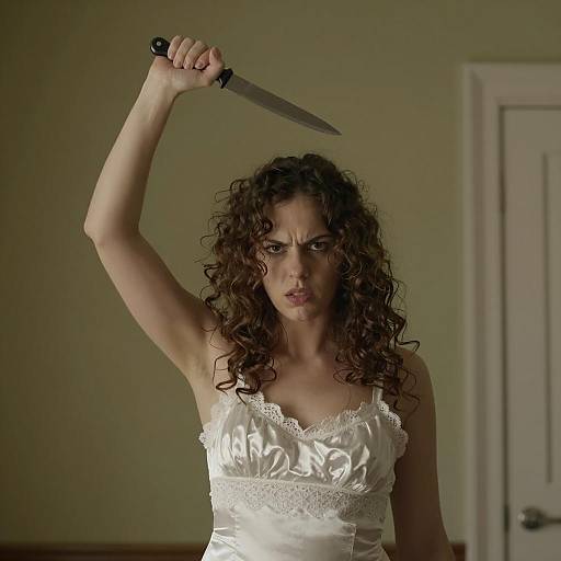 Fierce Woman in Lace-Trimming Satin Dress