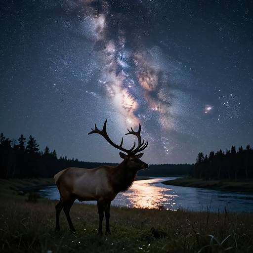 Photograph of a silhouetted elk with large antlers standing by a reflective lake, under a dazzling Milky Way galaxy in a starry night