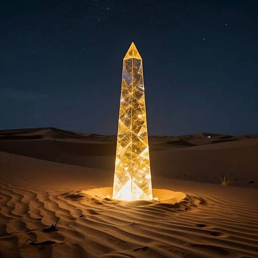 Photograph of a glowing, crystalline, pyramid-shaped light sculpture standing in a sandy desert at night, with stars visible in the dark sky.