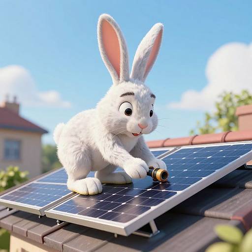 Digital CGI of a white, fluffy bunny with large ears, happily playing with a solar panel on a rooftop under a bright blue sky.