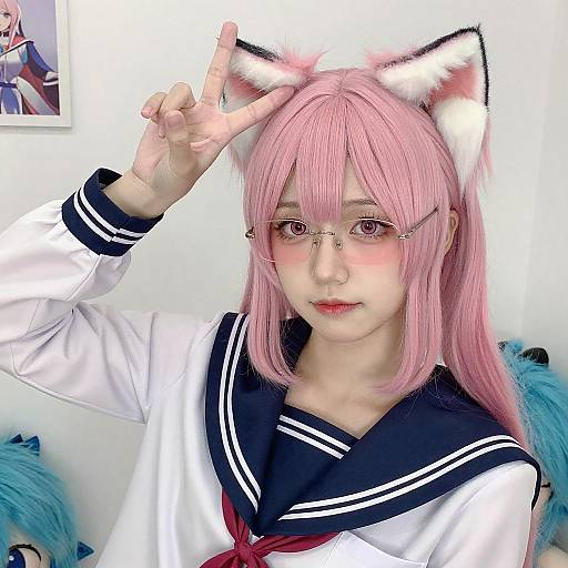 Anime-Style Pink-Haired Peace Pose