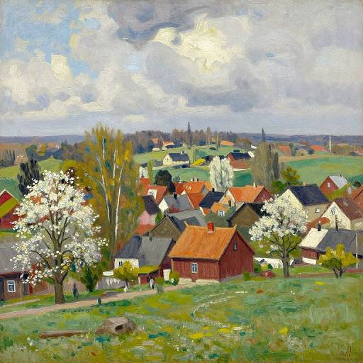 Springtime Village Landscape Oil Painting