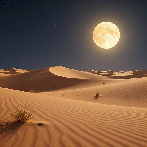Photograph of a desert night scene with rippled sand dunes, a bright full moon illuminating the sky, and scattered tufts of grass.