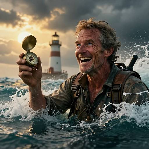Photograph of a smiling, wet, grizzled man with short gray hair holding a compass in ocean waves, with a lighthouse in the background